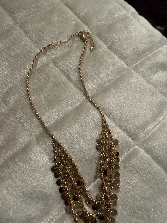 Gold Tone Layered Disc Necklace with Cascading Charms - Picture 4 of 11